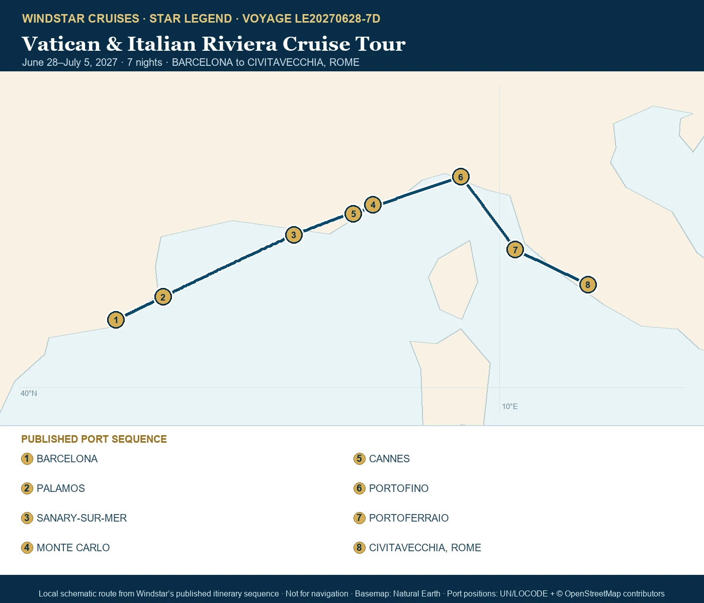 Star Legend June 28-July 5 2027 route map from BARCELONA to CIVITAVECCHIA, ROME