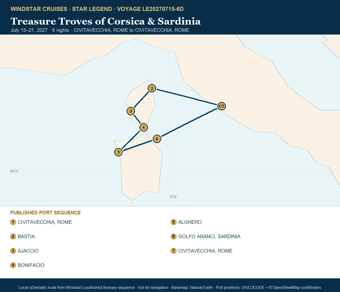 Star Legend July 15-21 2027 route map from CIVITAVECCHIA, ROME to CIVITAVECCHIA, ROME