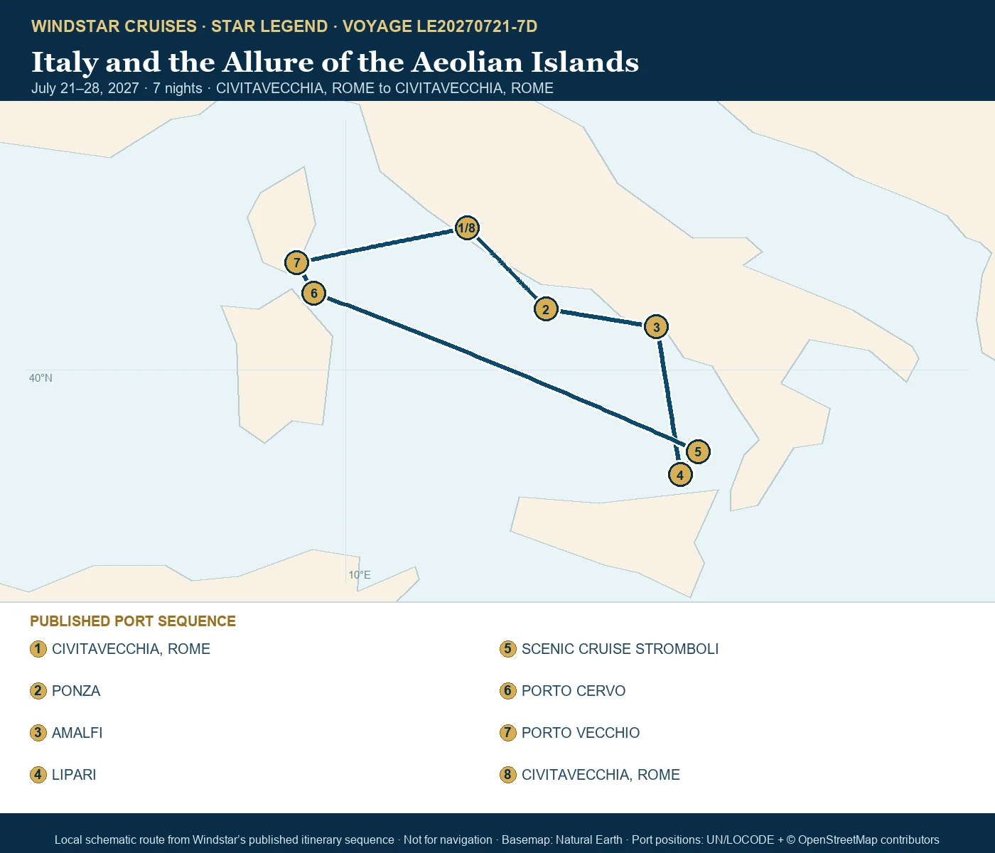 Star Legend July 21-28 2027 route map from CIVITAVECCHIA, ROME to CIVITAVECCHIA, ROME