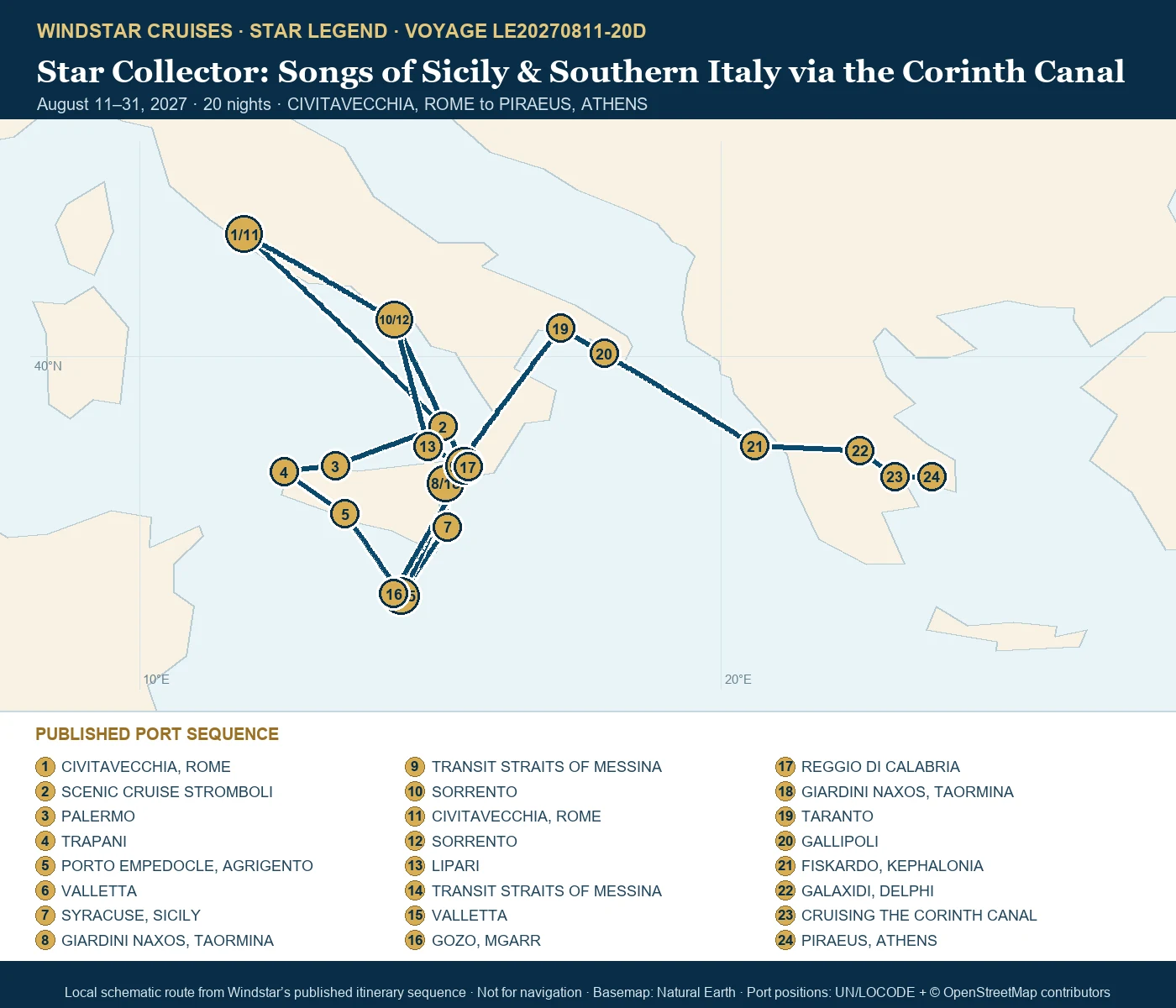 Star Legend August 11-31 2027 route map from CIVITAVECCHIA, ROME to PIRAEUS, ATHENS