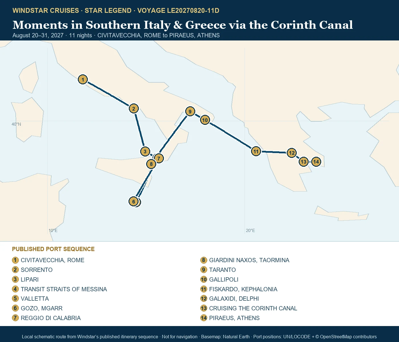 Star Legend August 20-31 2027 route map from CIVITAVECCHIA, ROME to PIRAEUS, ATHENS