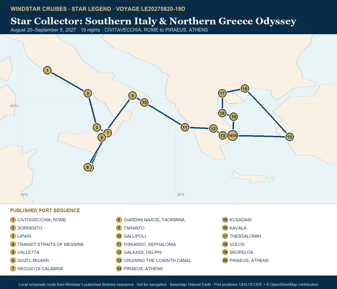 Star Legend August 20-September 8 2027 route map from CIVITAVECCHIA, ROME to PIRAEUS, ATHENS