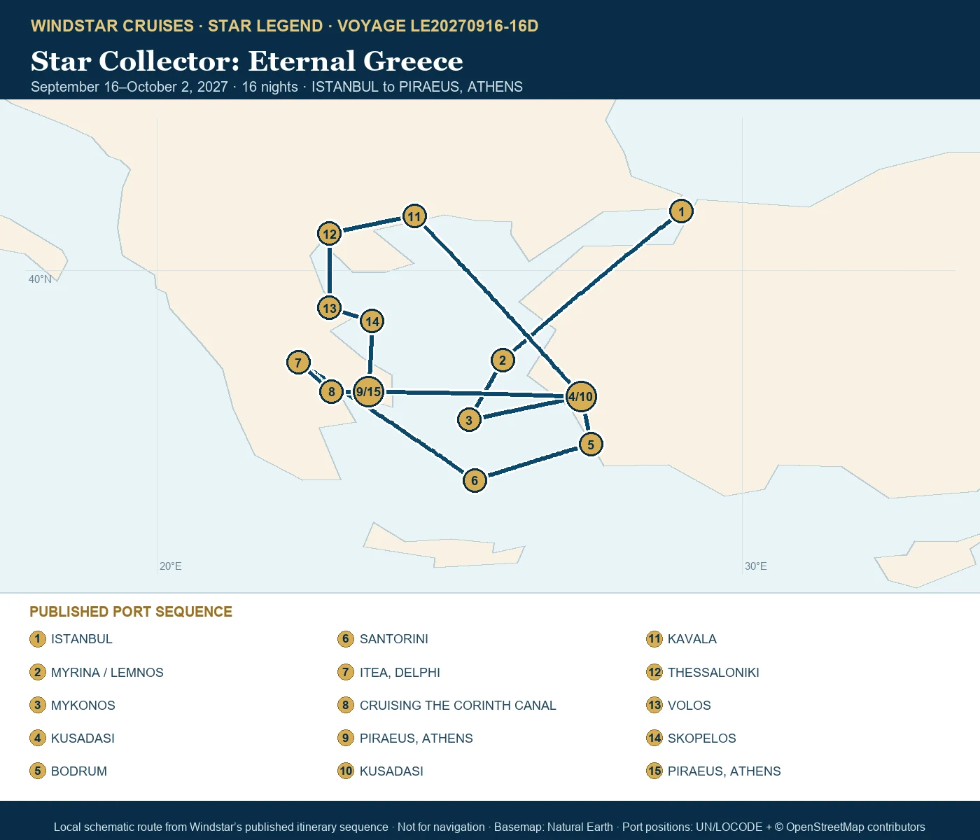 Star Legend September 16-October 2 2027 route map from ISTANBUL to PIRAEUS, ATHENS