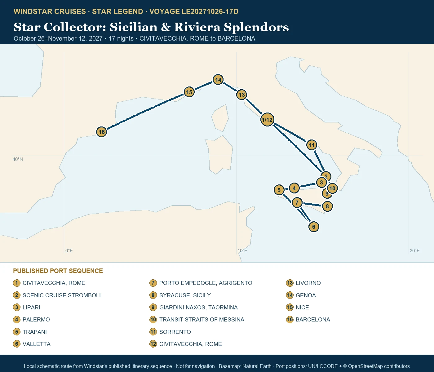 Star Legend October 26-November 12 2027 route map from CIVITAVECCHIA, ROME to BARCELONA