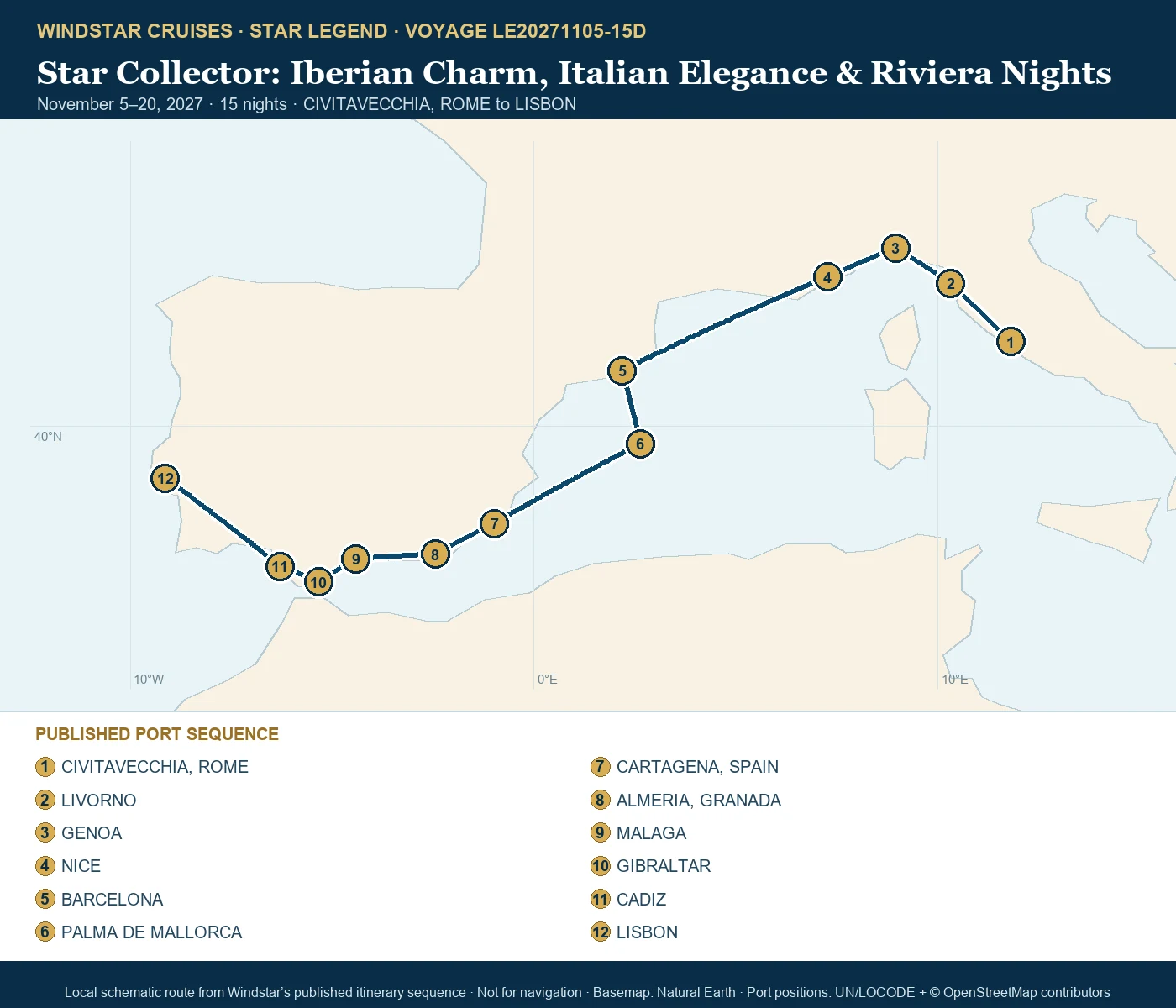 Star Legend November 5-20 2027 route map from CIVITAVECCHIA, ROME to LISBON