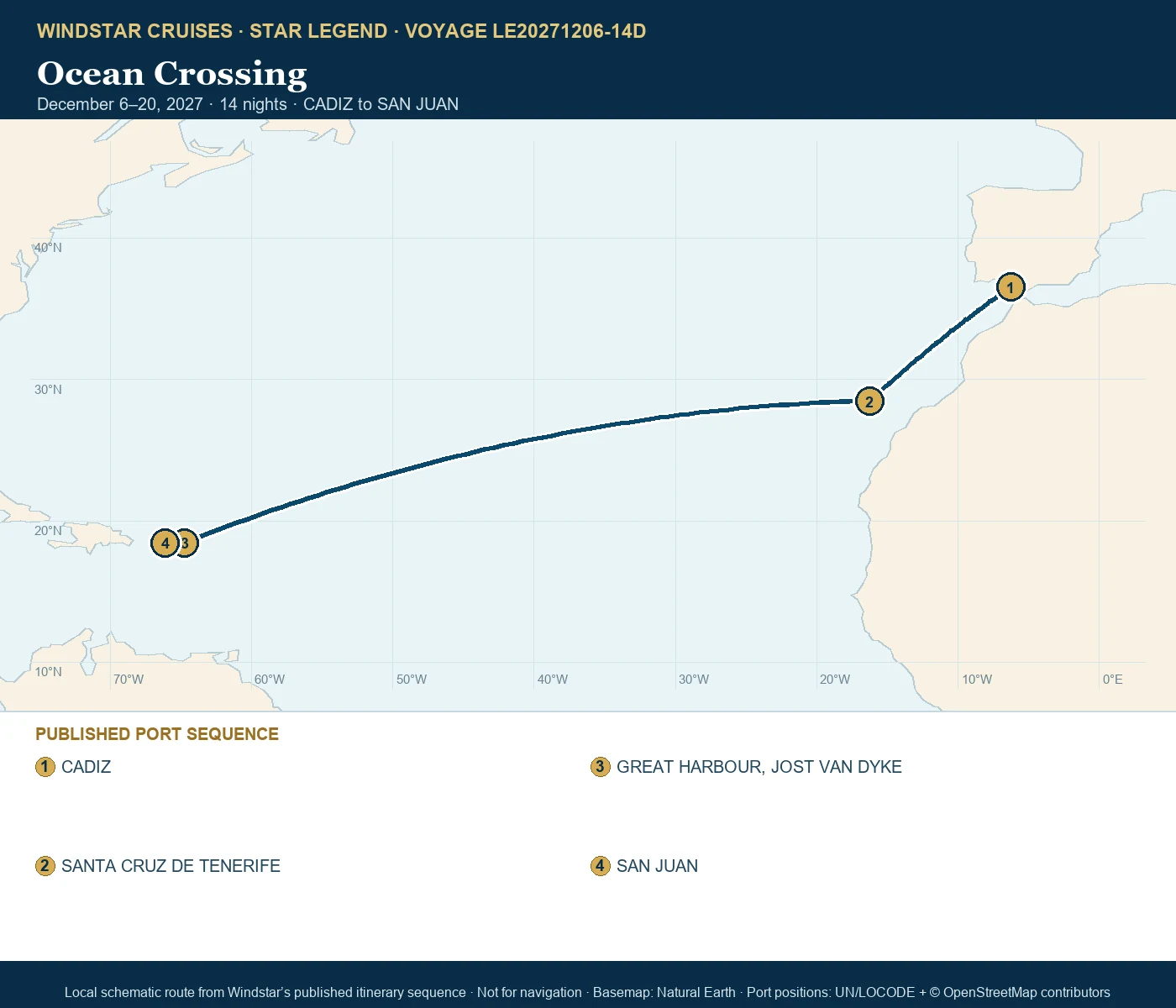 Star Legend December 6-20 2027 route map from CADIZ to SAN JUAN