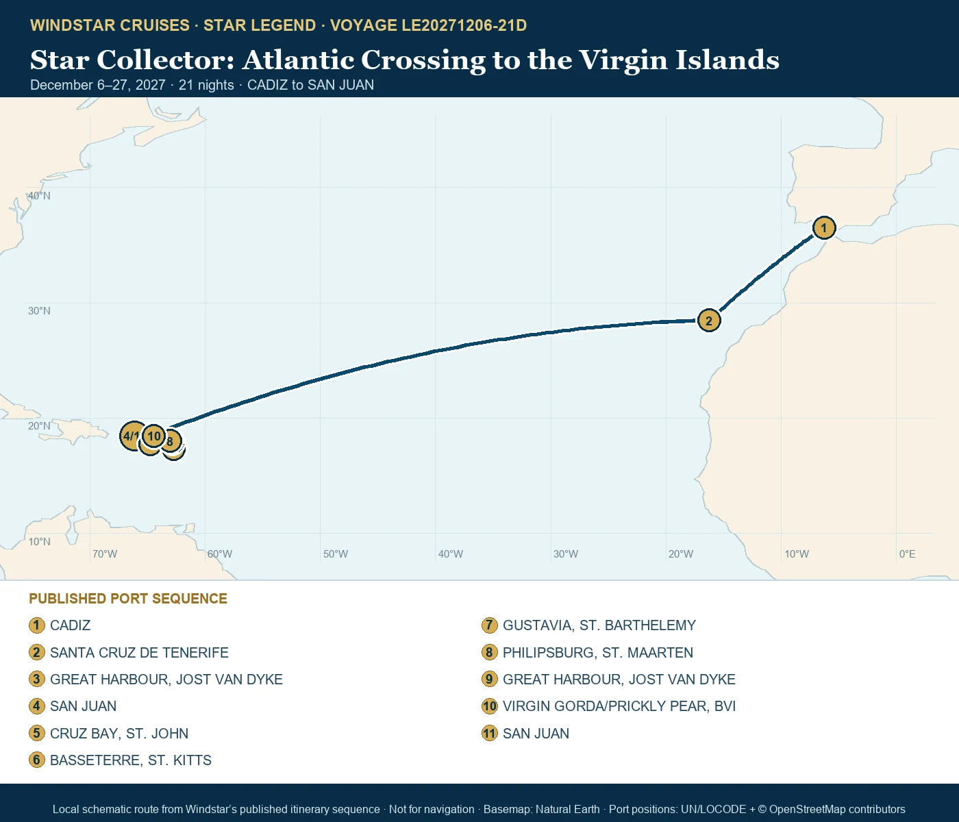 Star Legend December 6-27 2027 route map from CADIZ to SAN JUAN