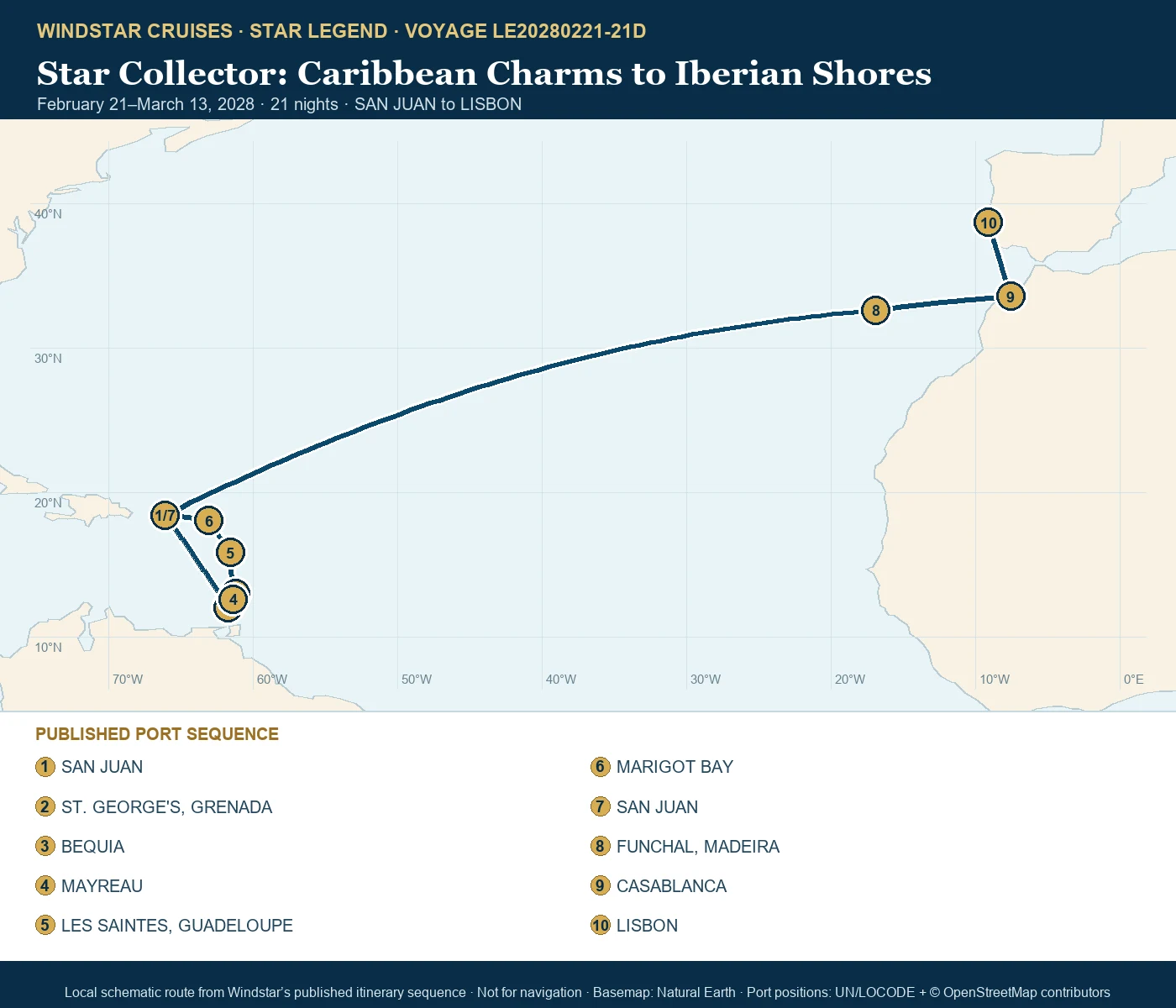 Star Legend February 21-March 13 2028 route map from SAN JUAN to LISBON