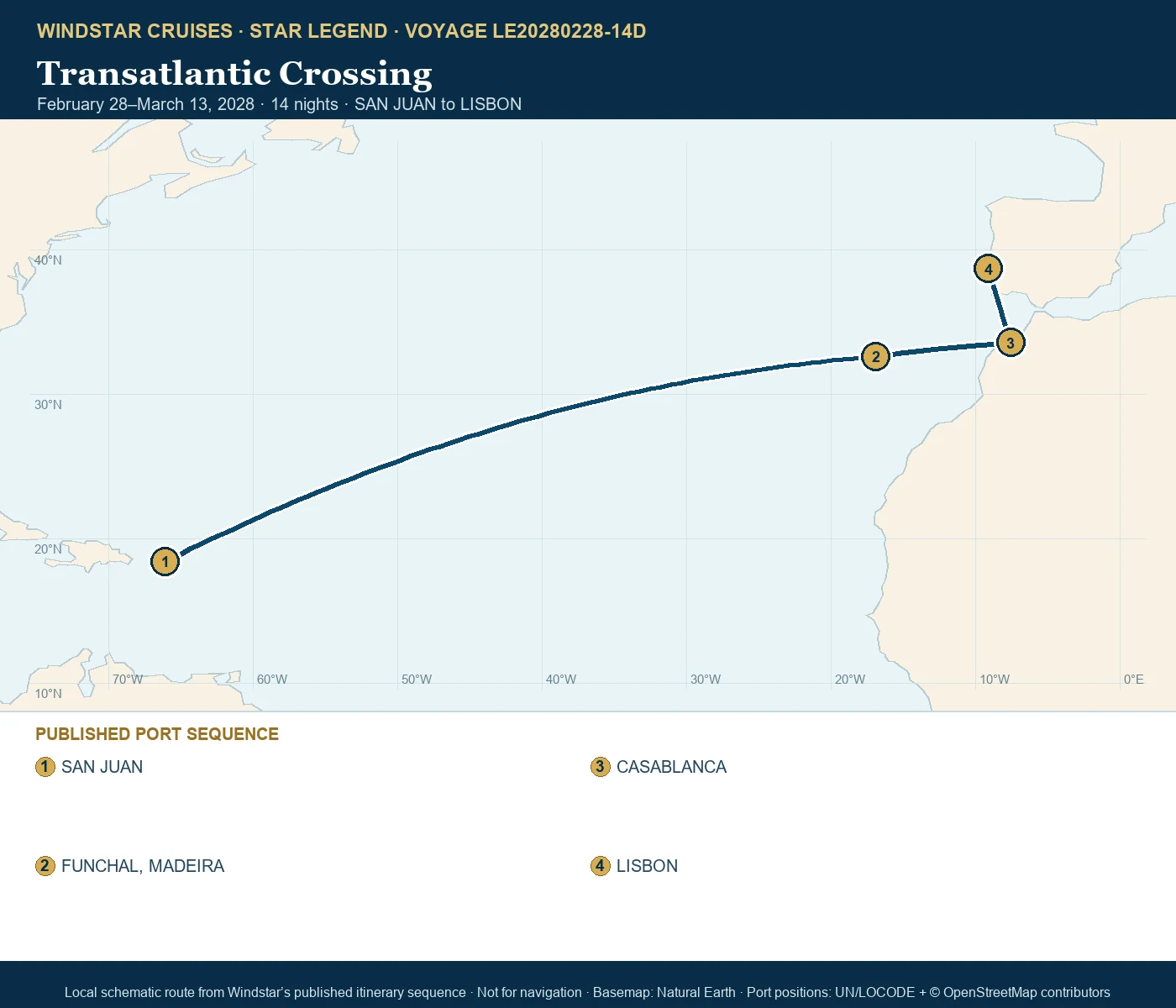Star Legend February 28-March 13 2028 route map from SAN JUAN to LISBON