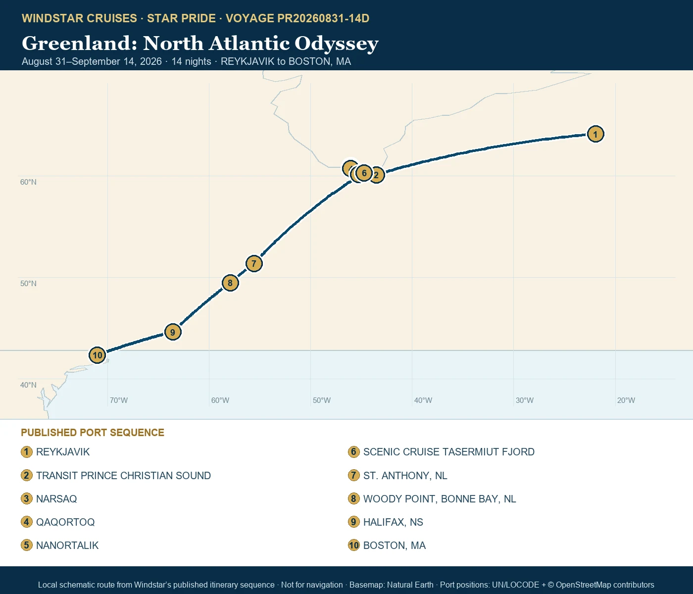 Star Pride August 31-September 14 2026 route map from REYKJAVIK to BOSTON, MA