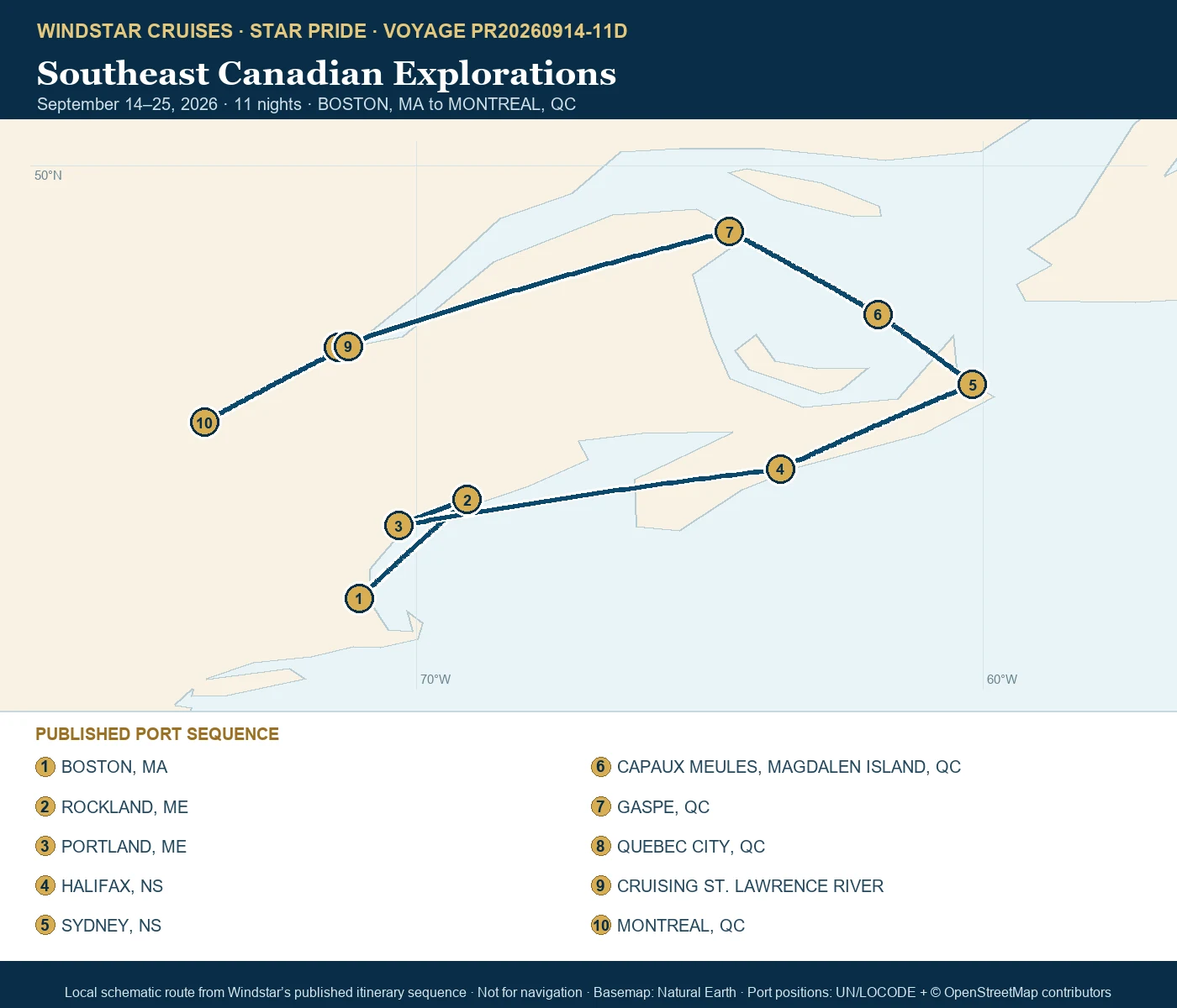 Star Pride September 14-25 2026 route map from BOSTON, MA to MONTREAL, QC