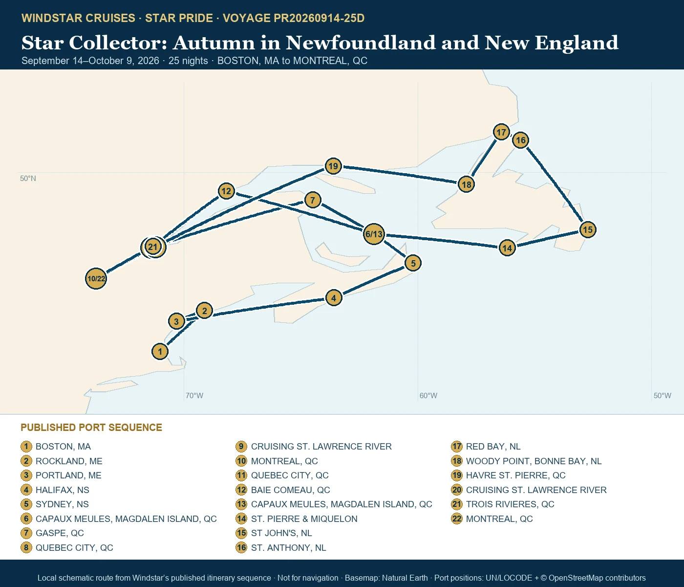 Star Pride September 14-October 9 2026 route map from BOSTON, MA to MONTREAL, QC
