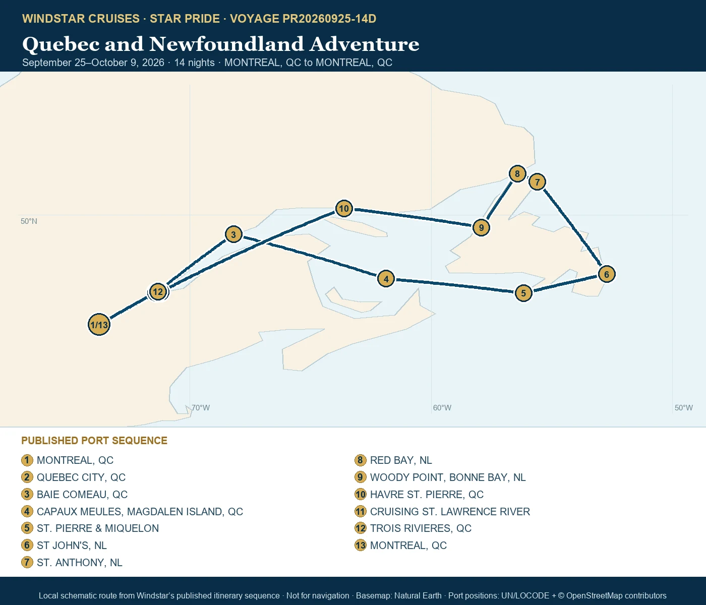 Star Pride September 25-October 9 2026 route map from MONTREAL, QC to MONTREAL, QC