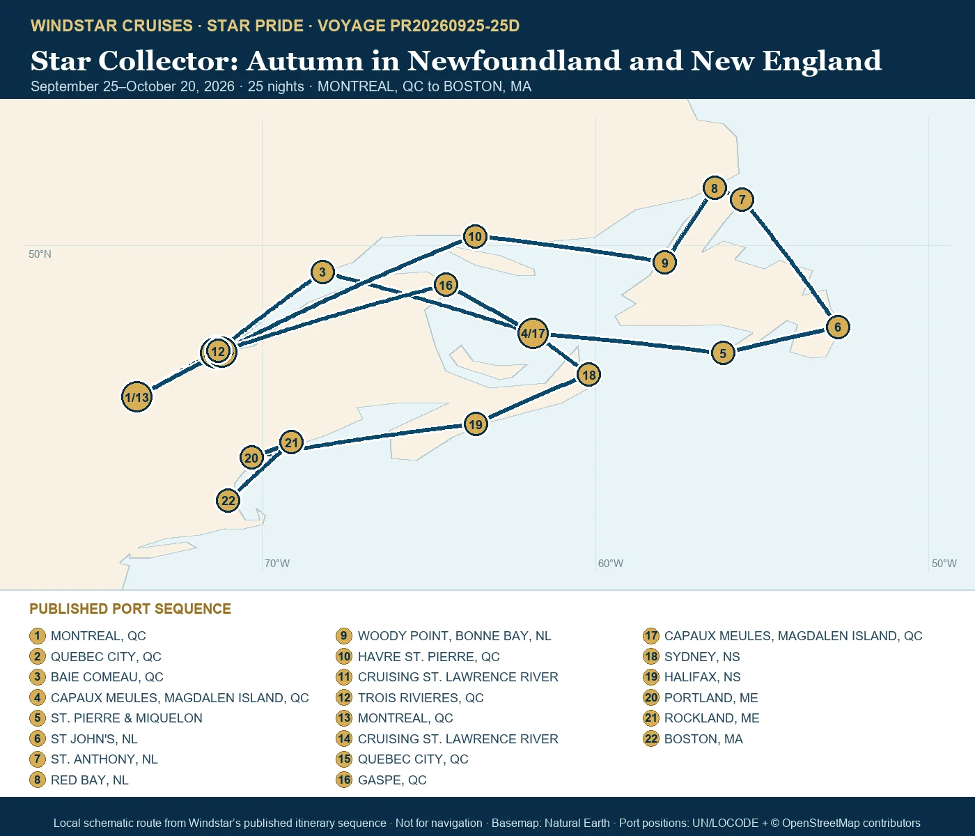Star Pride September 25-October 20 2026 route map from MONTREAL, QC to BOSTON, MA