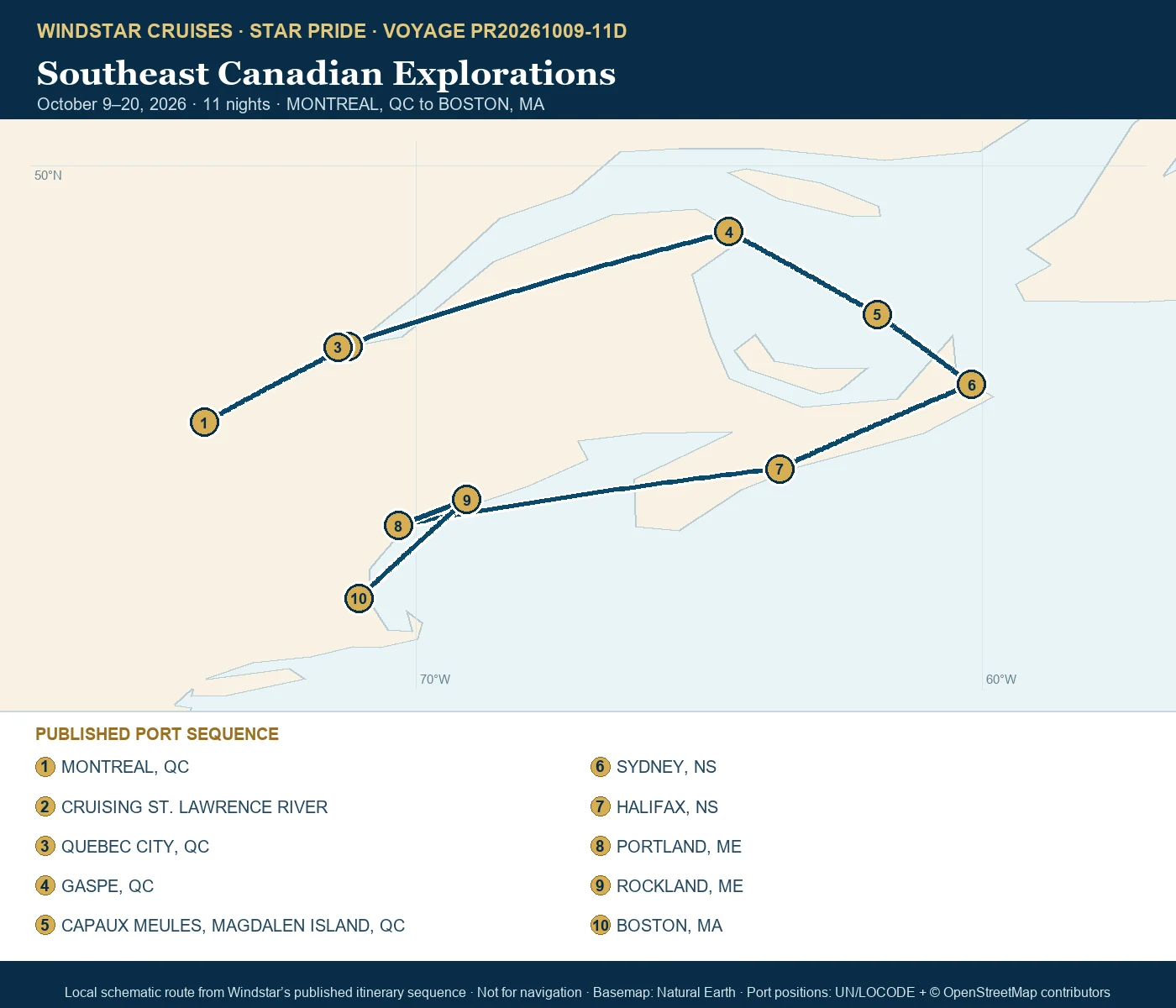 Star Pride October 9-20 2026 route map from MONTREAL, QC to BOSTON, MA