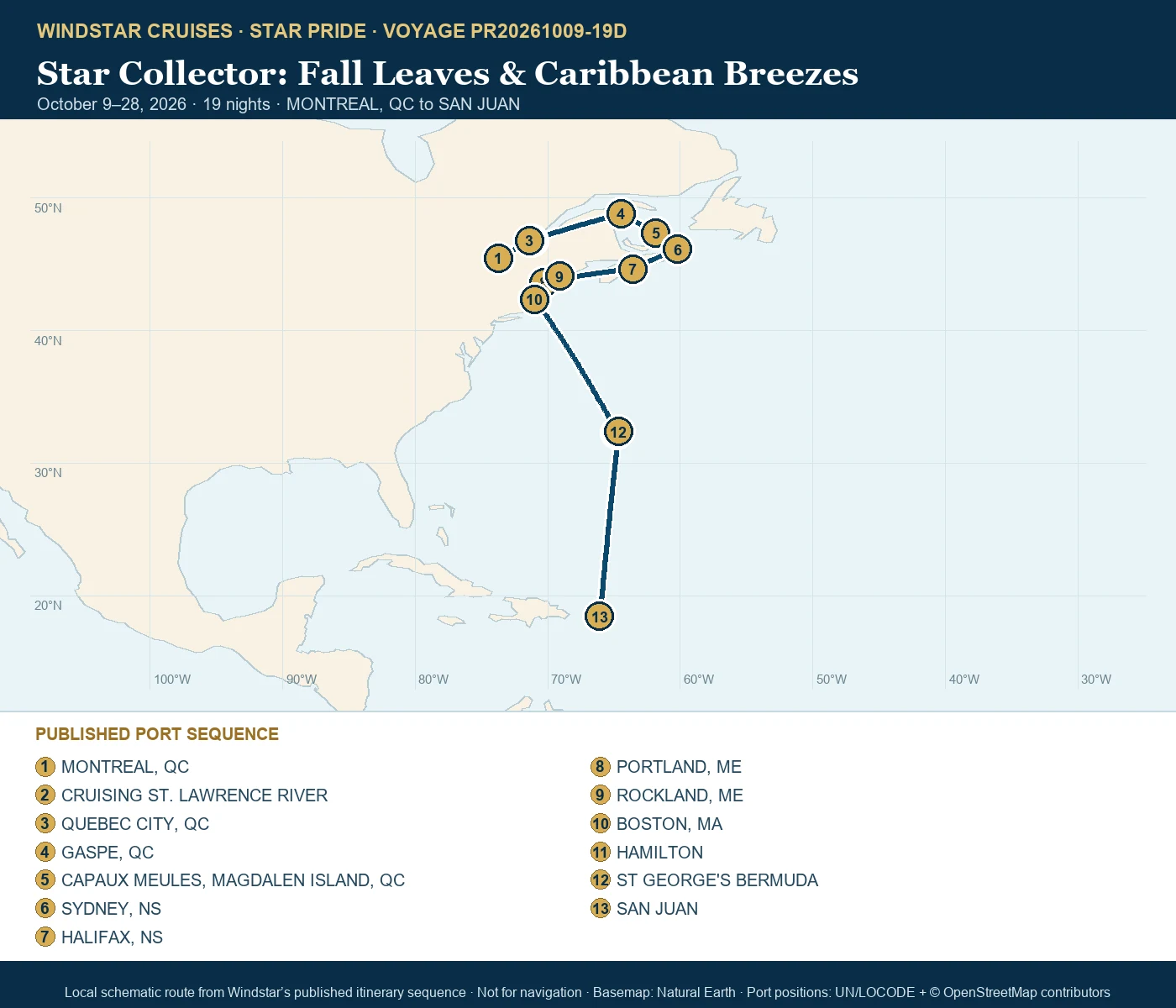 Star Pride October 9-28 2026 route map from MONTREAL, QC to SAN JUAN