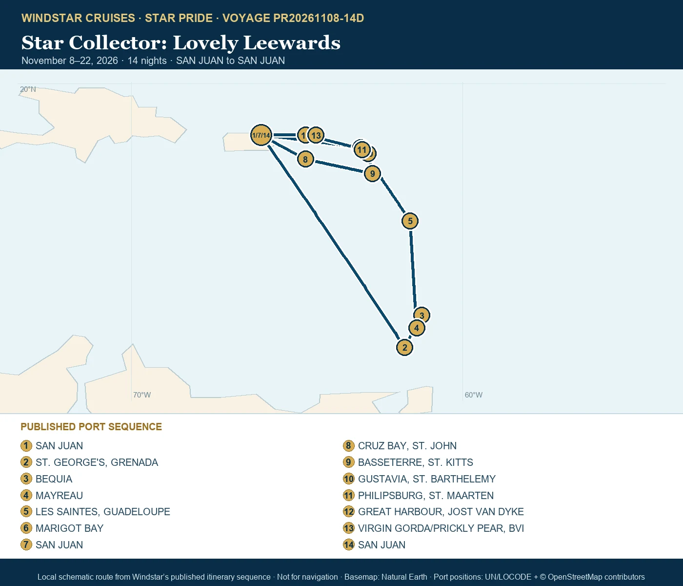 Star Pride November 8-22 2026 route map from SAN JUAN to SAN JUAN