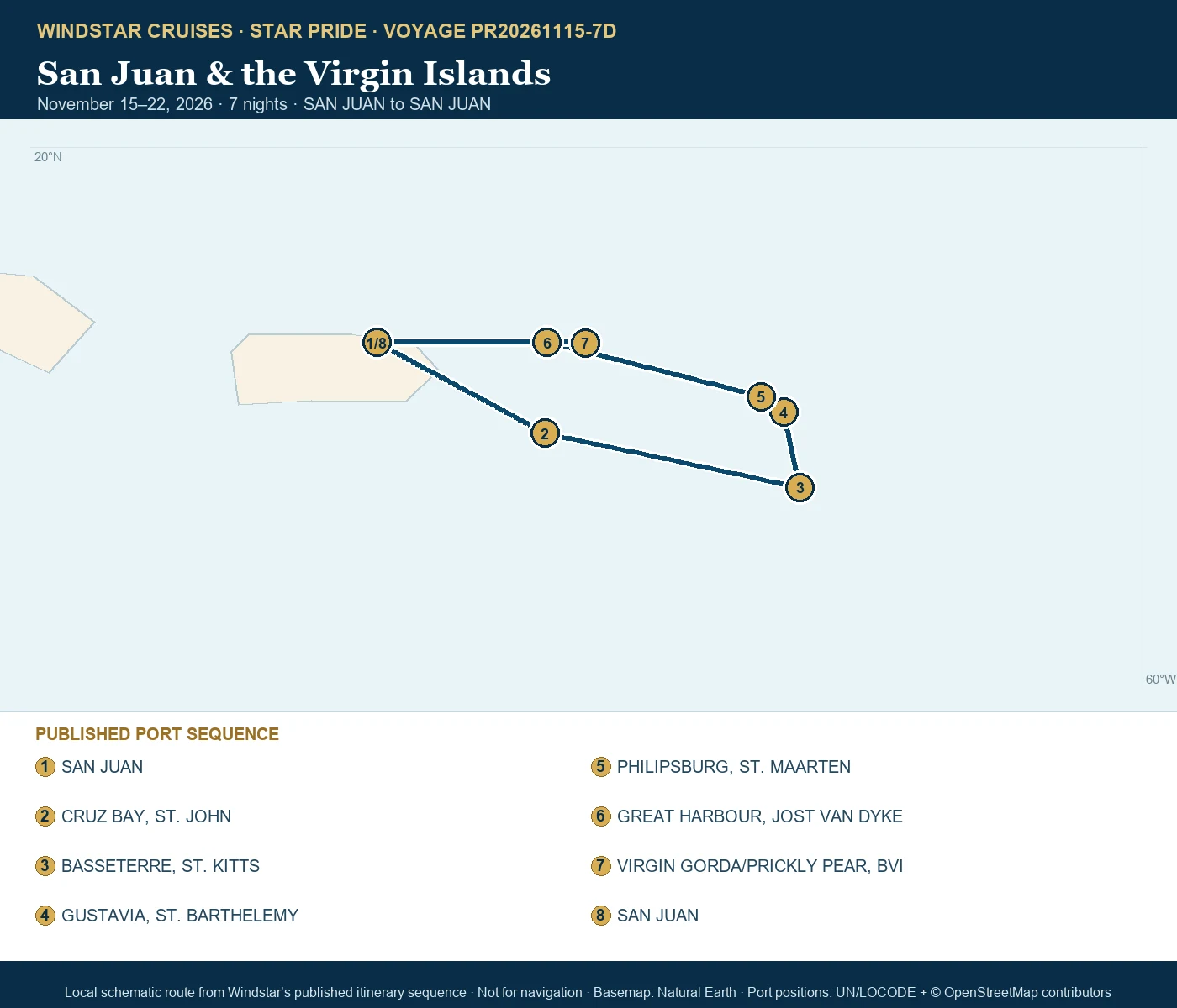 Star Pride November 15-22 2026 route map from SAN JUAN to SAN JUAN
