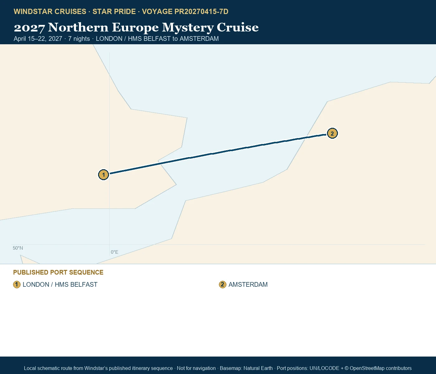 Star Pride April 15-22 2027 route map from LONDON / HMS BELFAST to AMSTERDAM