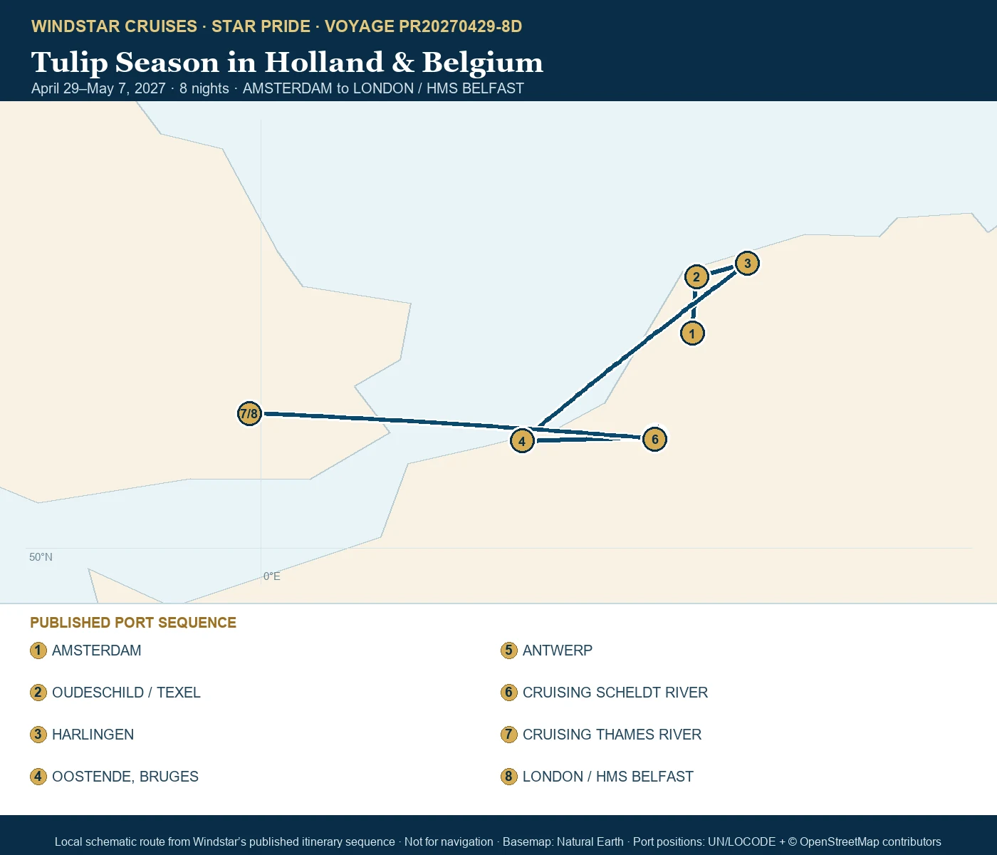 Star Pride April 29-May 7 2027 route map from AMSTERDAM to LONDON / HMS BELFAST