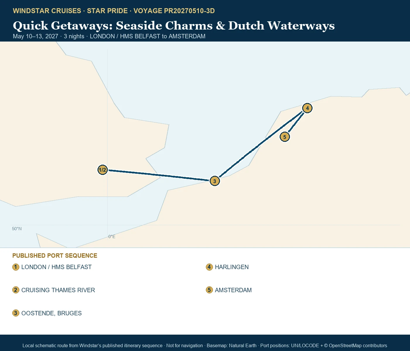 Star Pride May 10-13 2027 route map from LONDON / HMS BELFAST to AMSTERDAM