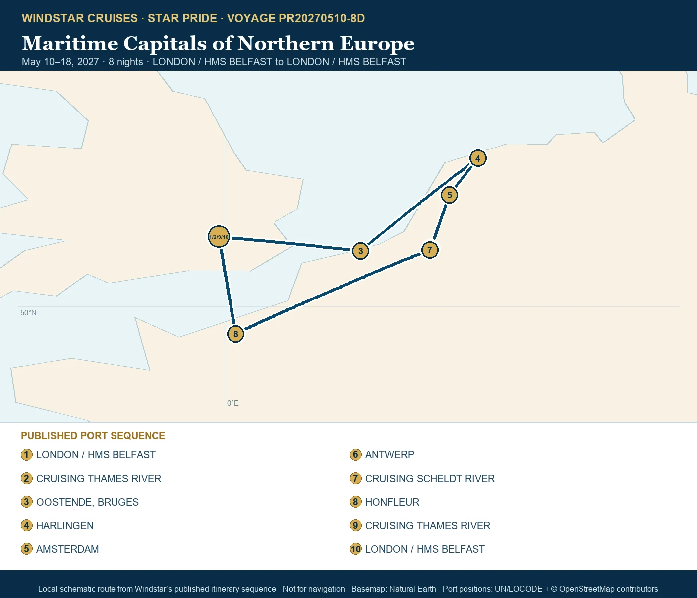 Star Pride May 10-18 2027 route map from LONDON / HMS BELFAST to LONDON / HMS BELFAST
