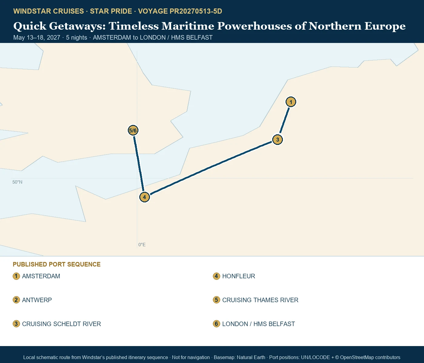 Star Pride May 13-18 2027 route map from AMSTERDAM to LONDON / HMS BELFAST
