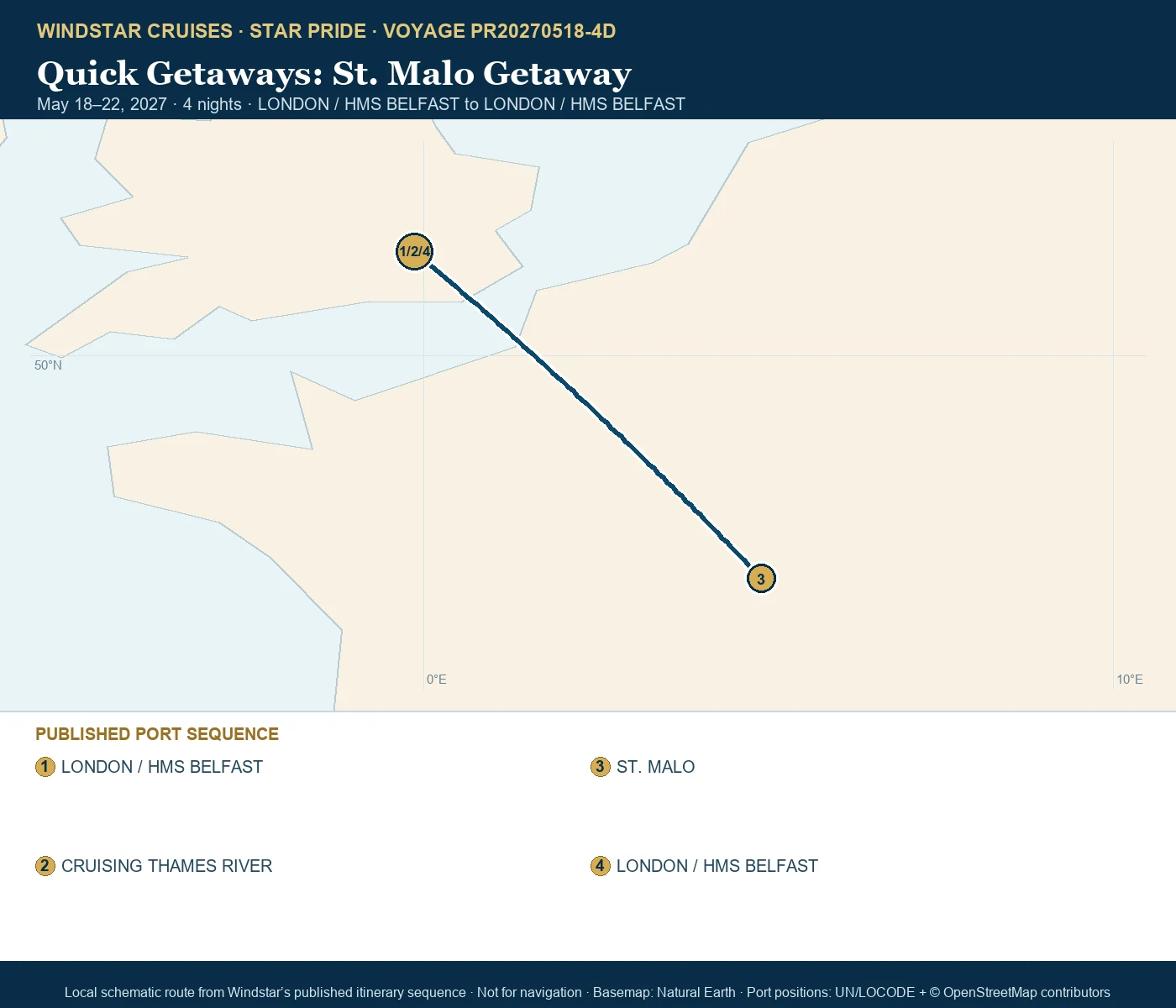 Star Pride May 18-22 2027 route map from LONDON / HMS BELFAST to LONDON / HMS BELFAST