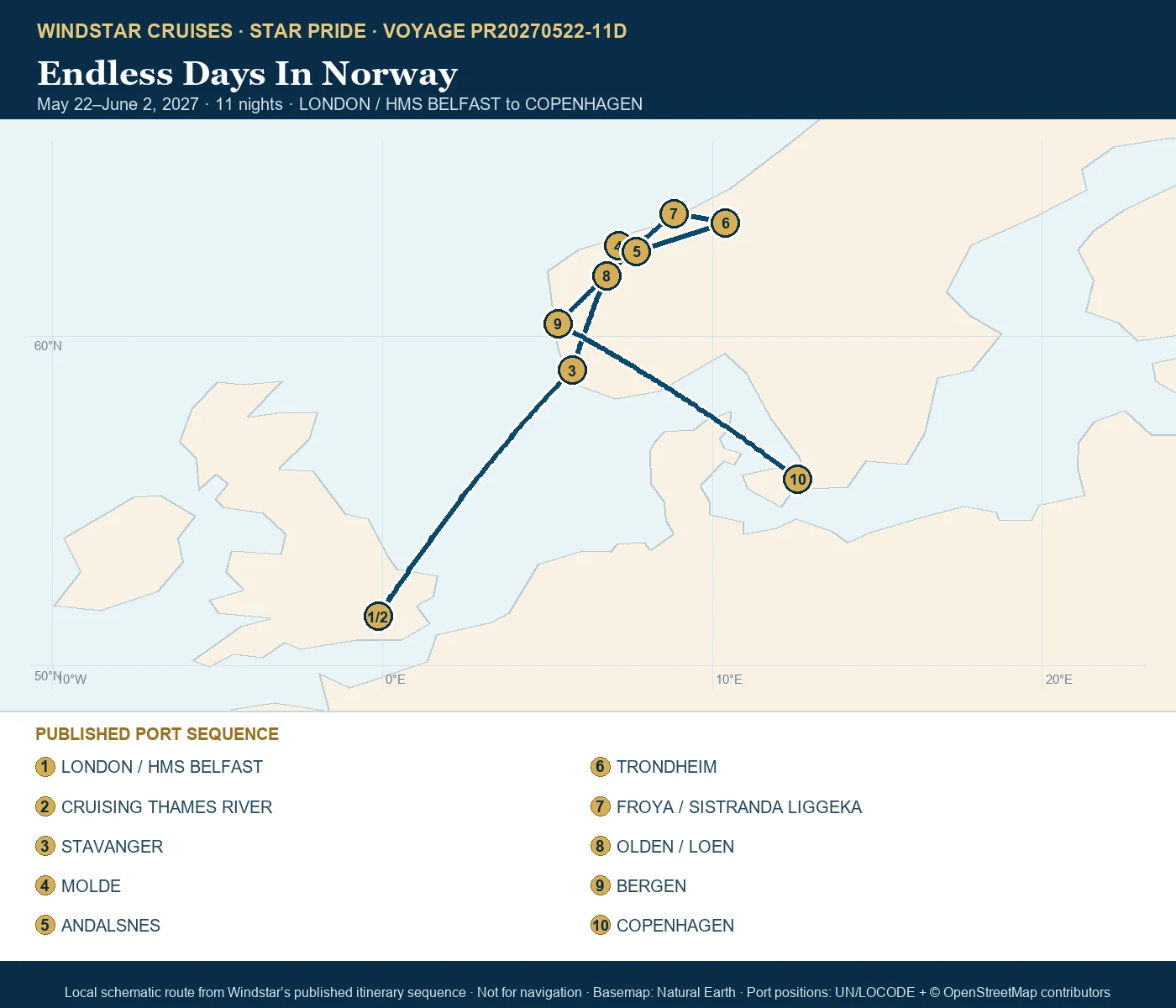 Star Pride May 22-June 2 2027 route map from LONDON / HMS BELFAST to COPENHAGEN