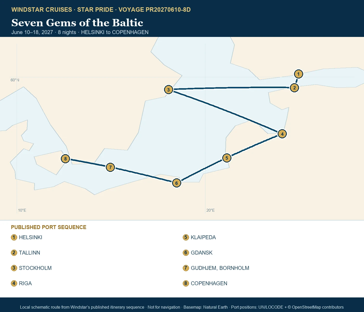 Star Pride June 10-18 2027 route map from HELSINKI to COPENHAGEN