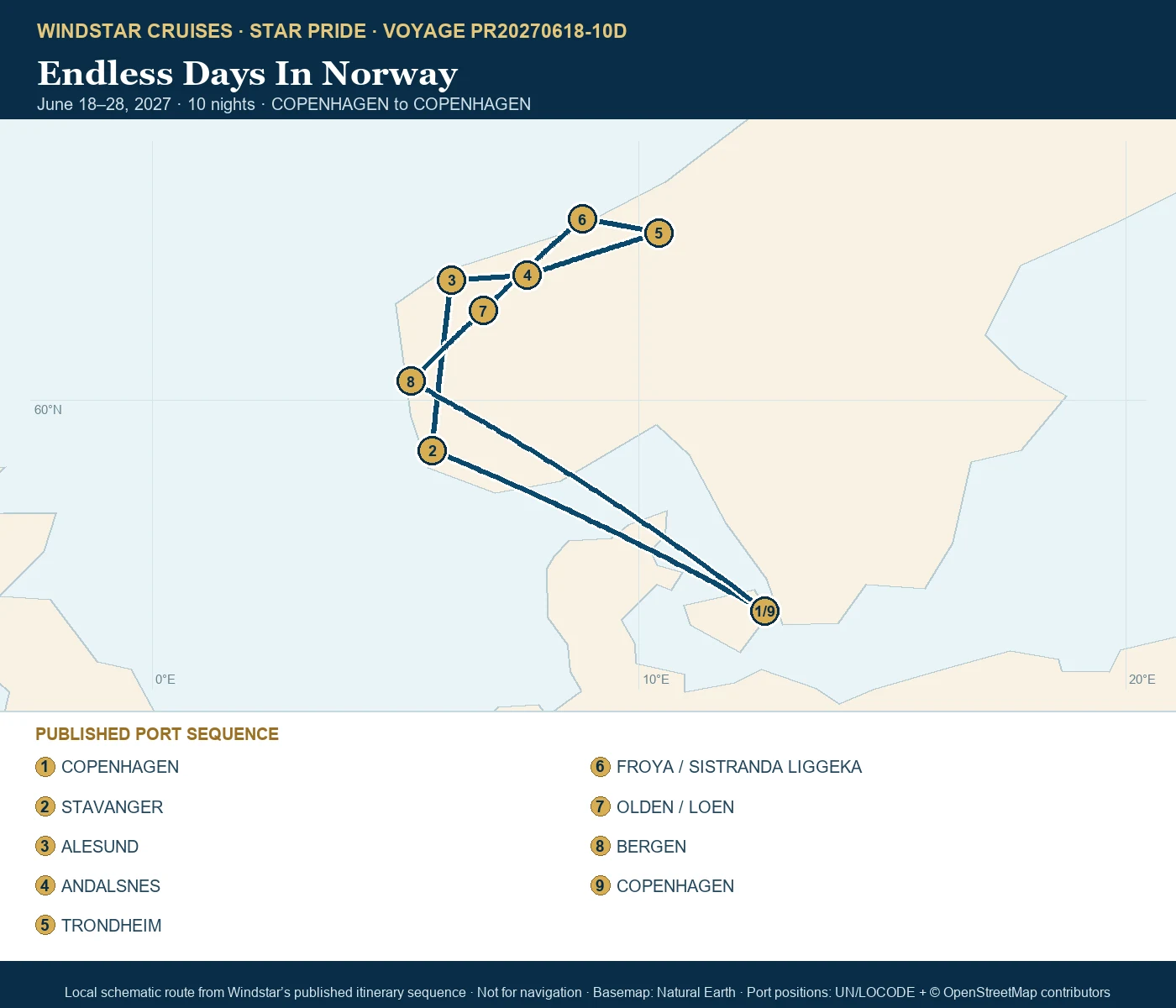 Star Pride June 18-28 2027 route map from COPENHAGEN to COPENHAGEN