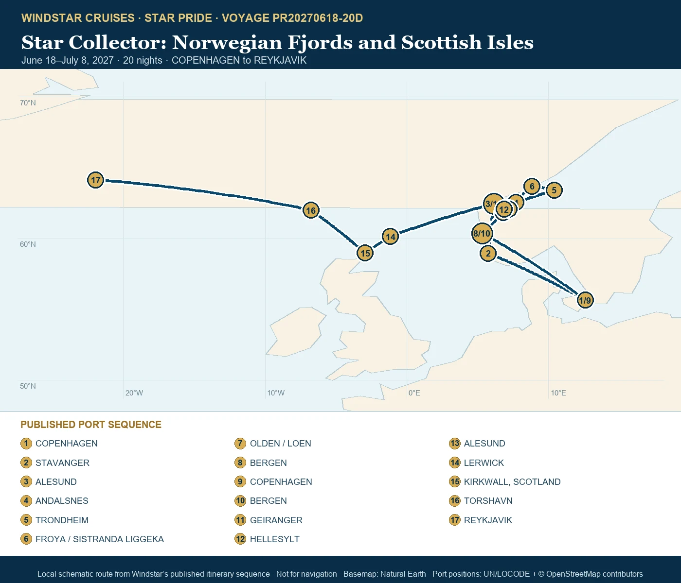 Star Pride June 18-July 8 2027 route map from COPENHAGEN to REYKJAVIK