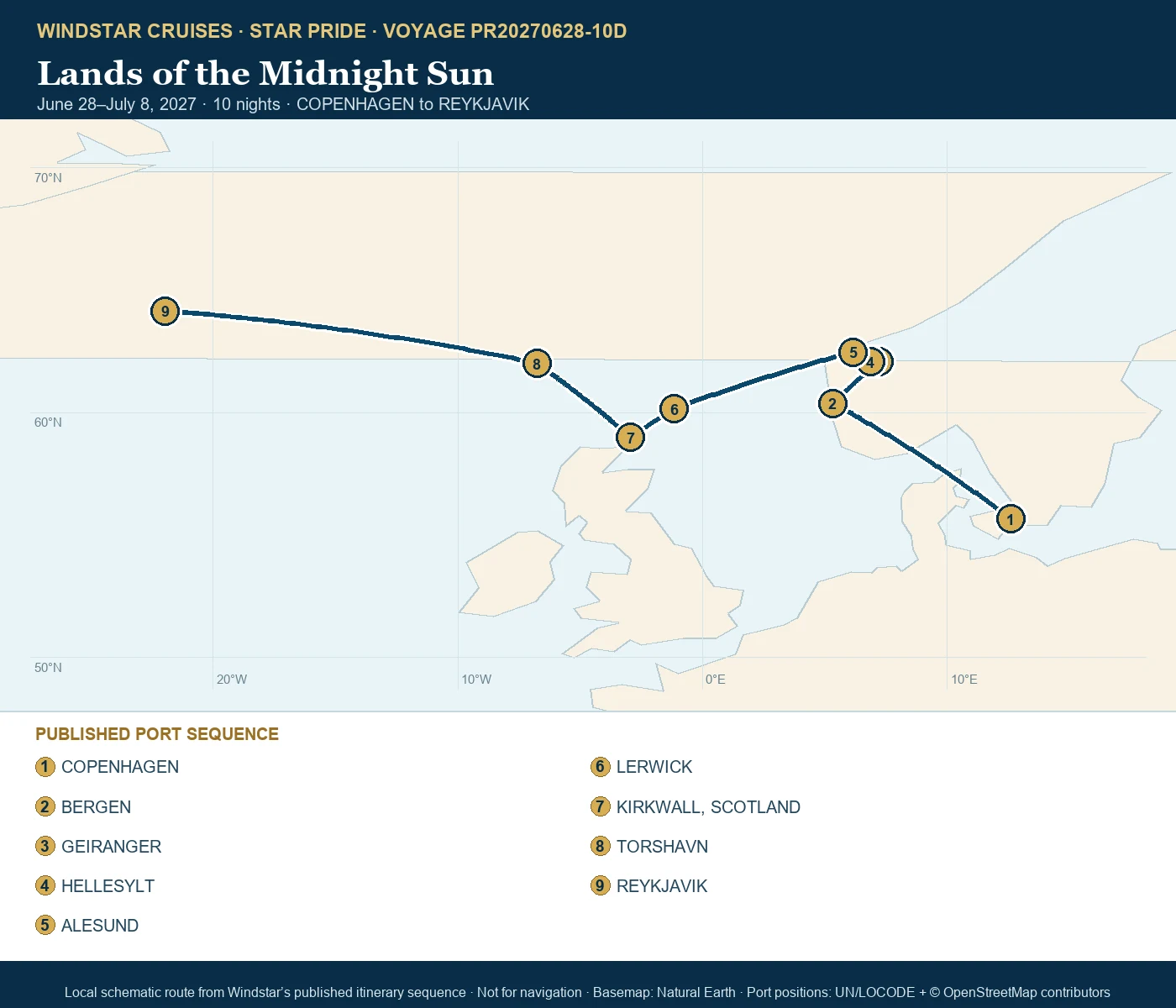 Star Pride June 28-July 8 2027 route map from COPENHAGEN to REYKJAVIK
