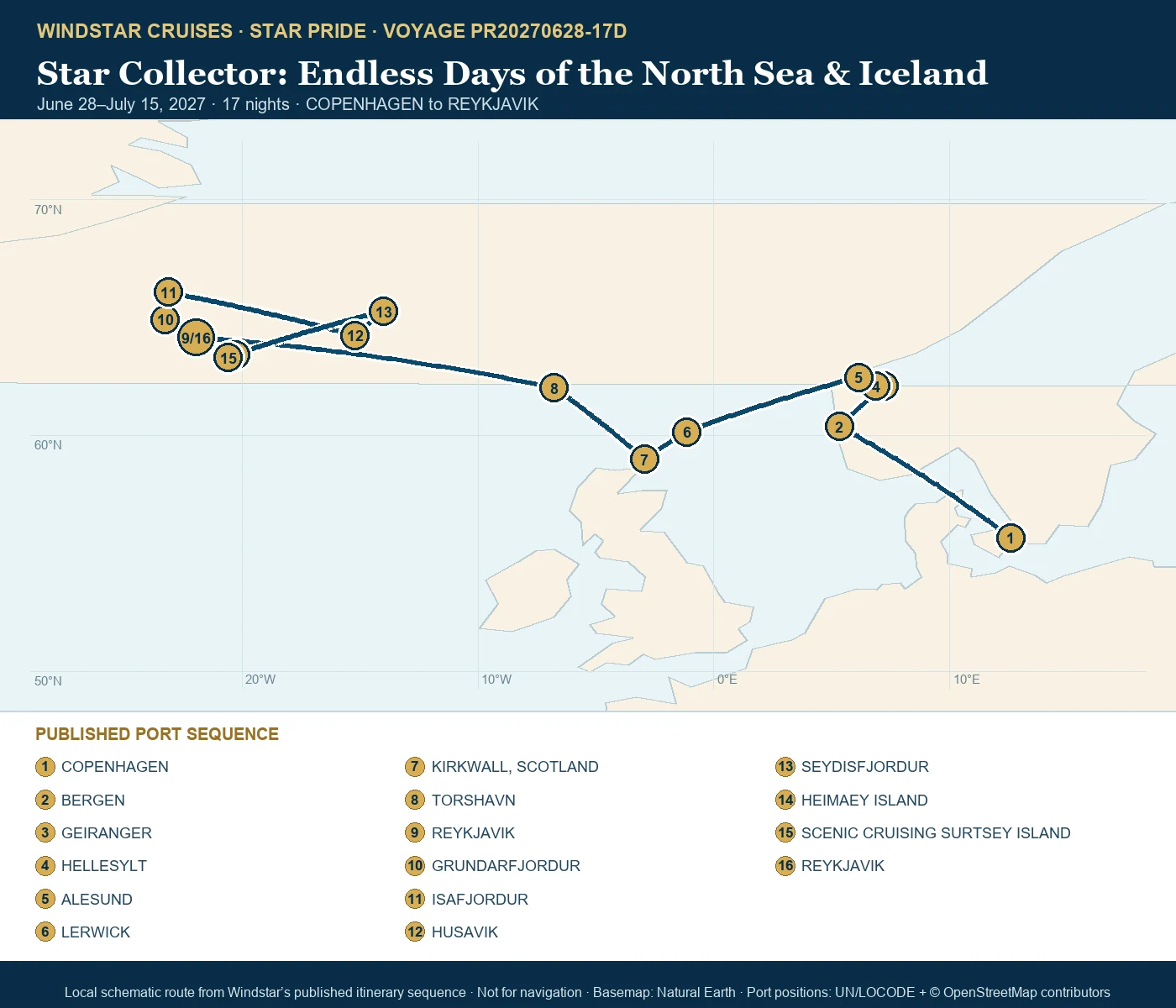 Star Pride June 28-July 15 2027 route map from COPENHAGEN to REYKJAVIK