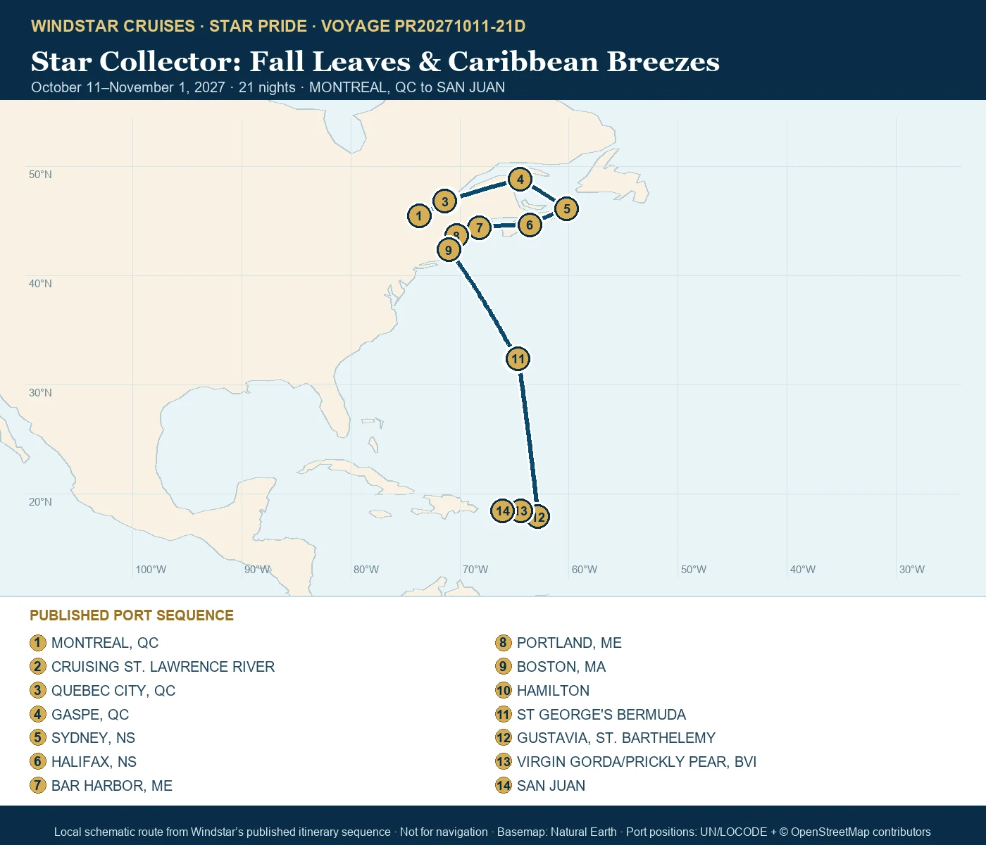 Star Pride October 11-November 1 2027 route map from MONTREAL, QC to SAN JUAN