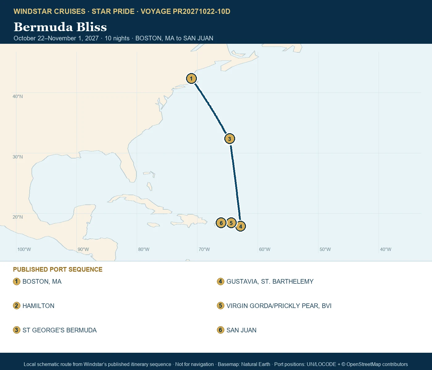 Star Pride October 22-November 1 2027 route map from BOSTON, MA to SAN JUAN