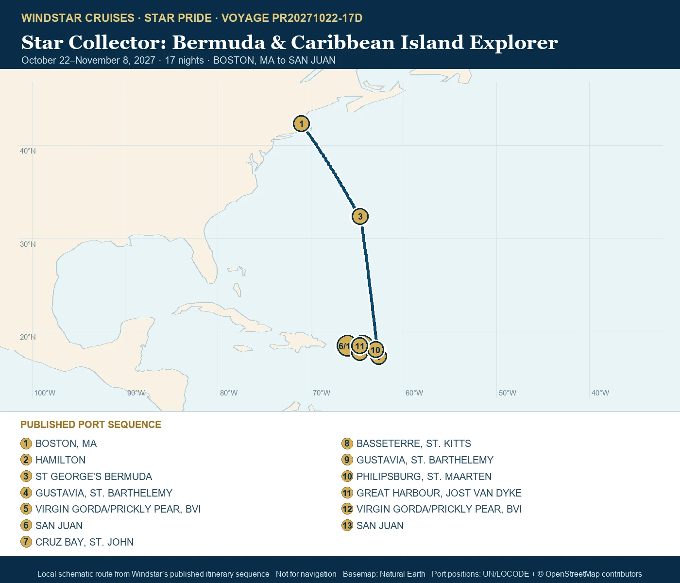 Star Pride October 22-November 8 2027 route map from BOSTON, MA to SAN JUAN
