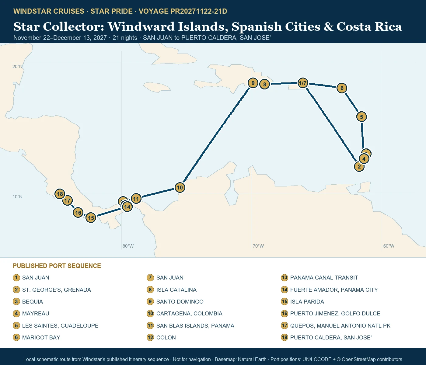 Star Pride November 22-December 13 2027 route map from SAN JUAN to PUERTO CALDERA, SAN JOSE'