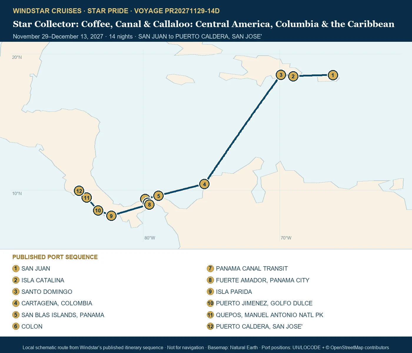Star Pride November 29-December 13 2027 route map from SAN JUAN to PUERTO CALDERA, SAN JOSE'