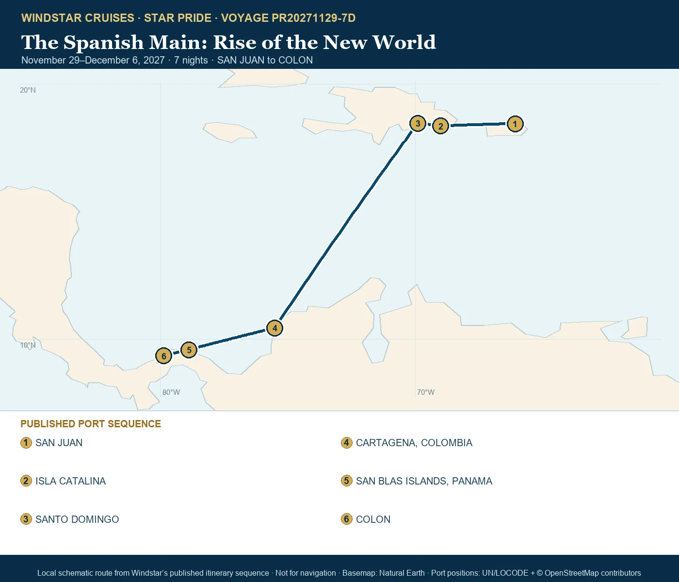 Star Pride November 29-December 6 2027 route map from SAN JUAN to COLON