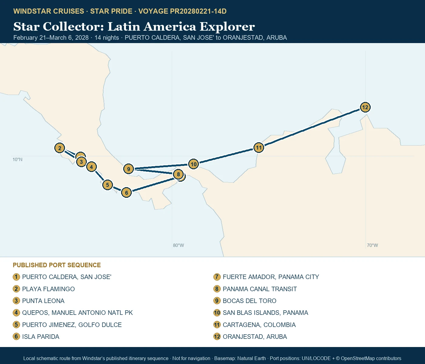 Star Pride February 21-March 6 2028 route map from PUERTO CALDERA, SAN JOSE' to ORANJESTAD, ARUBA