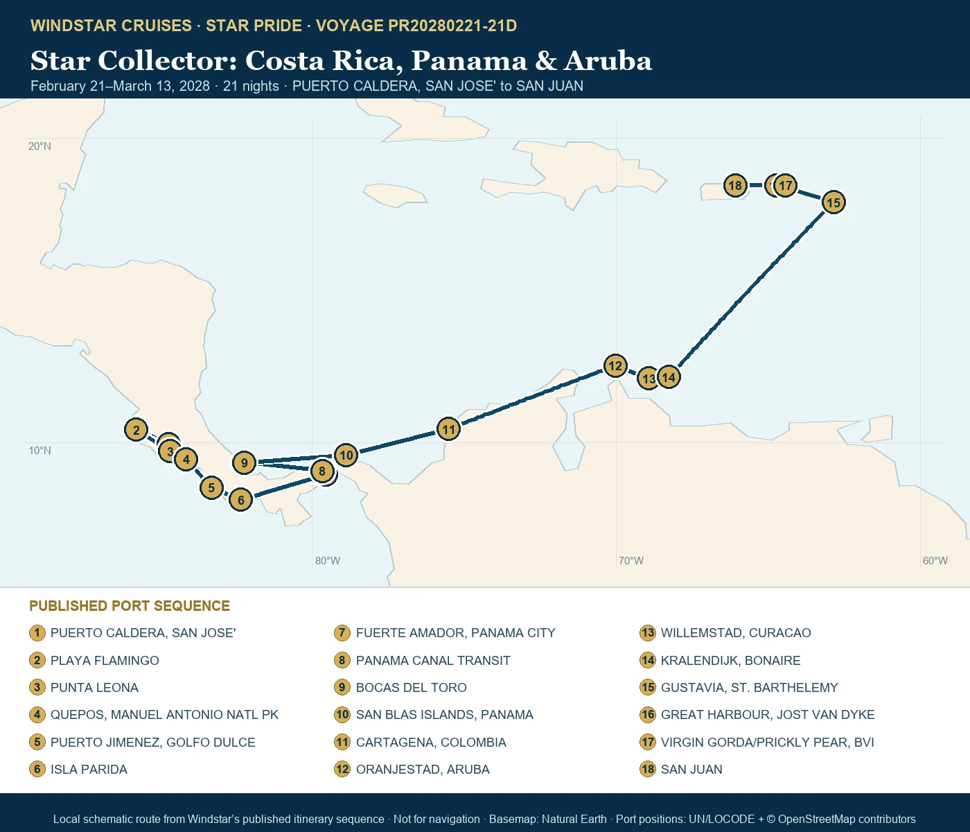 Star Pride February 21-March 13 2028 route map from PUERTO CALDERA, SAN JOSE' to SAN JUAN