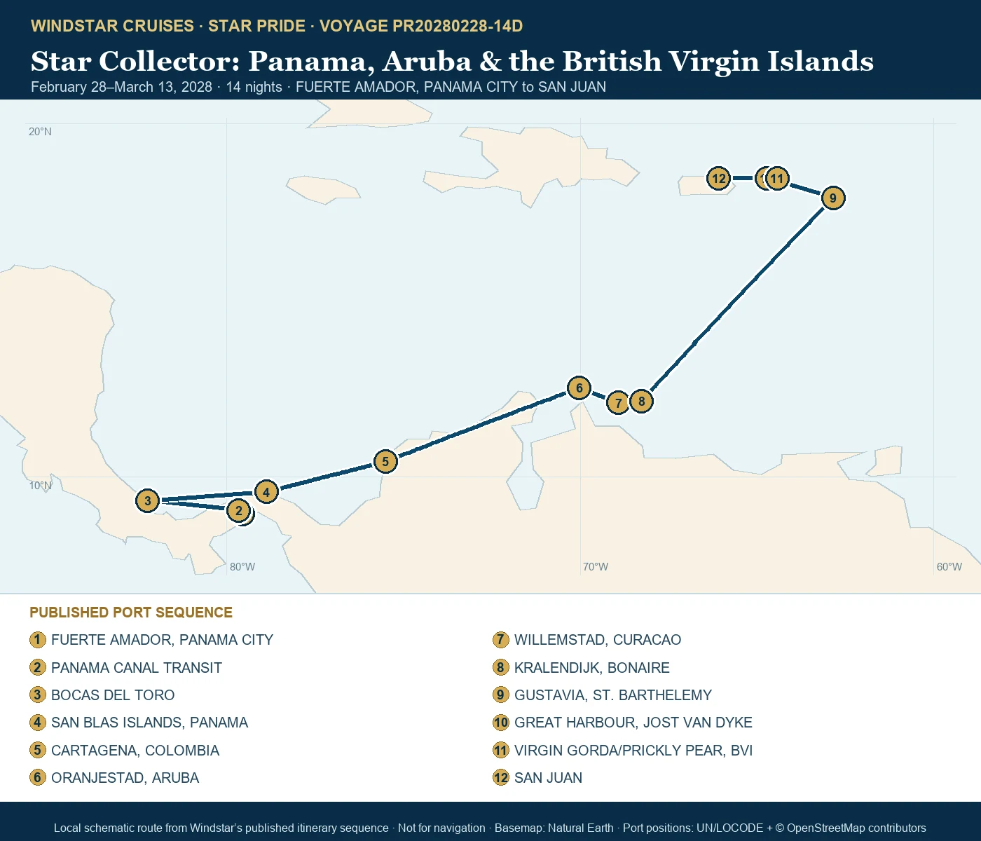 Star Pride February 28-March 13 2028 route map from FUERTE AMADOR, PANAMA CITY to SAN JUAN