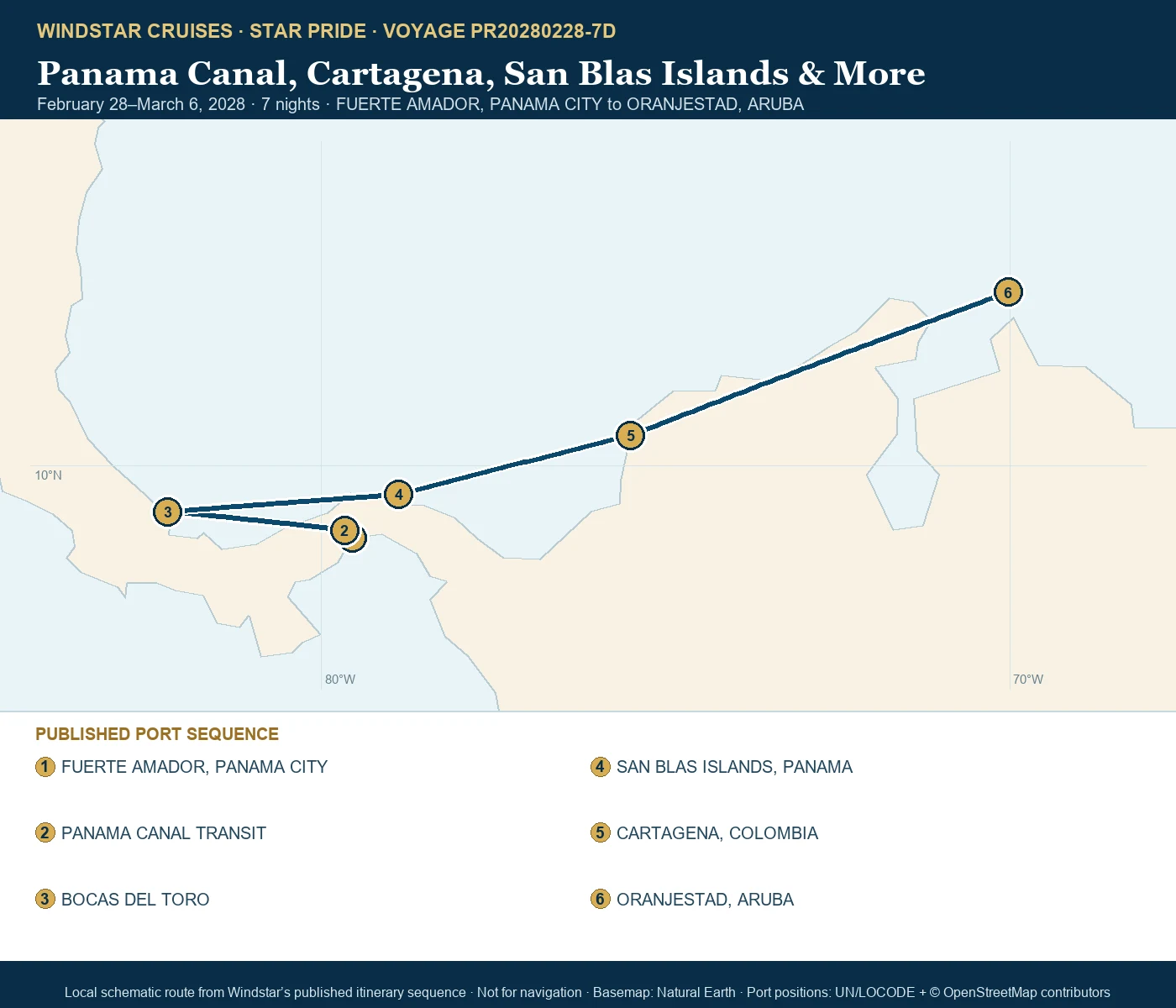 Star Pride February 28-March 6 2028 route map from FUERTE AMADOR, PANAMA CITY to ORANJESTAD, ARUBA