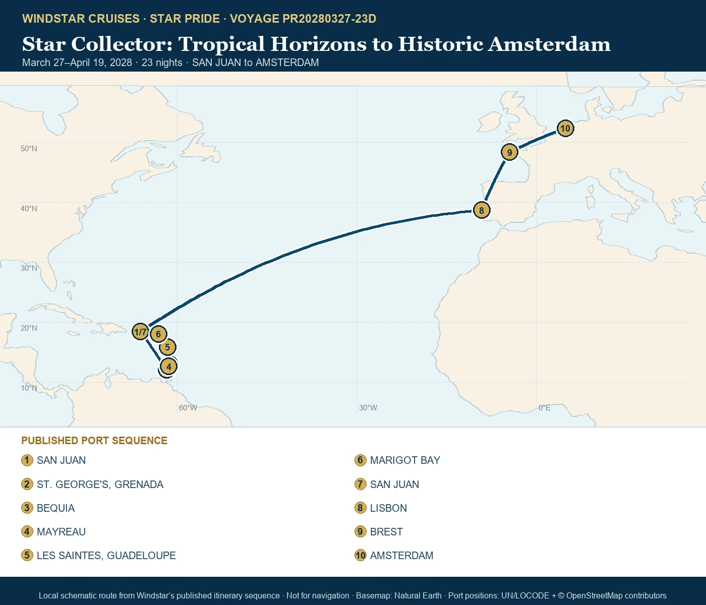 Star Pride March 27-April 19 2028 route map from SAN JUAN to AMSTERDAM