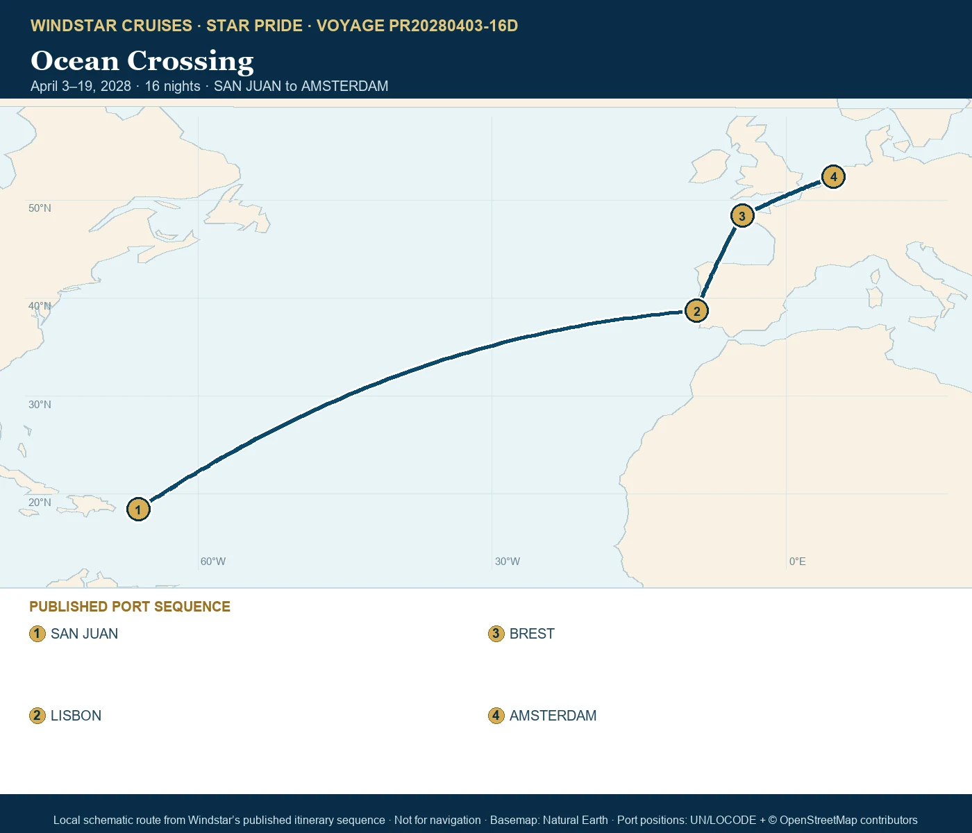 Star Pride April 3-19 2028 route map from SAN JUAN to AMSTERDAM