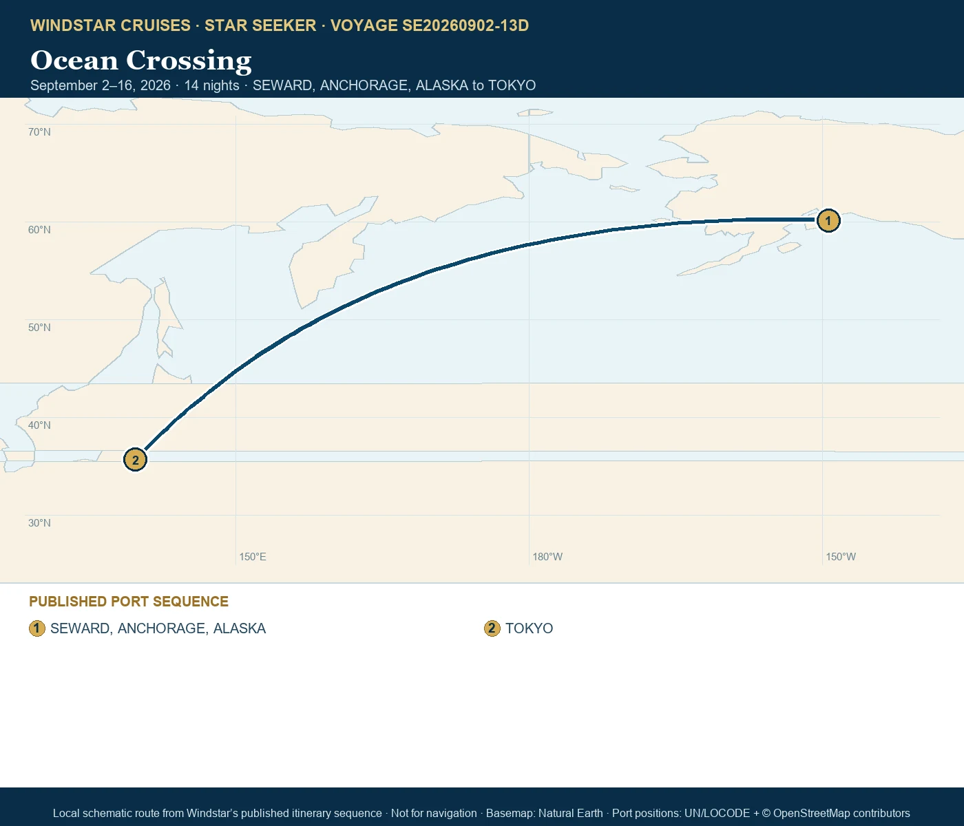 Star Seeker September 2-16 2026 route map from SEWARD, ANCHORAGE, ALASKA to TOKYO