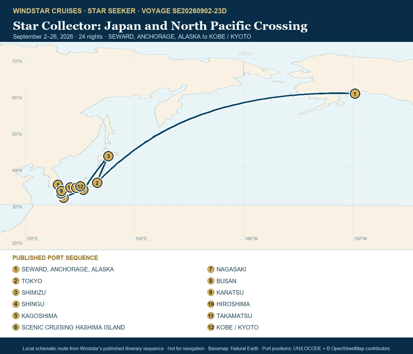 Star Seeker September 2-26 2026 route map from SEWARD, ANCHORAGE, ALASKA to KOBE / KYOTO
