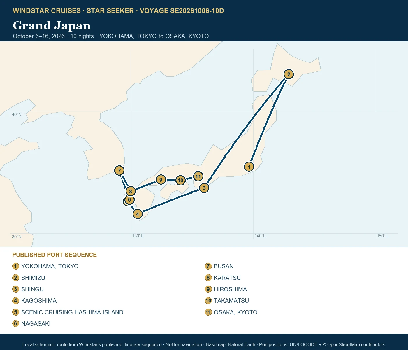 Star Seeker October 6-16 2026 route map from YOKOHAMA, TOKYO to OSAKA, KYOTO