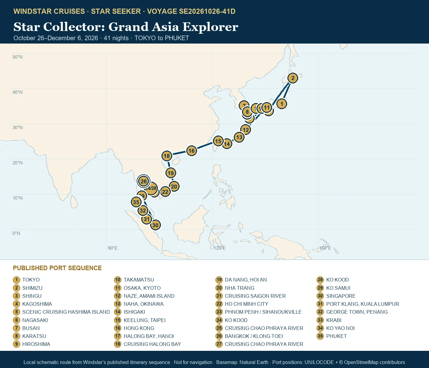 Star Seeker October 26-December 6 2026 route map from TOKYO to PHUKET